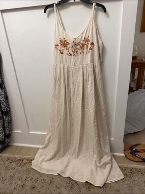 Cost Plus World Market Cream Maxi Dress with Rust Embroidery